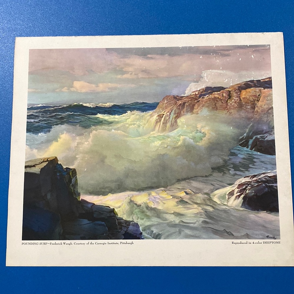 Vintage FREDERICK WAUGH Realism Ocean pounding surf lithography art 1950’s MCM